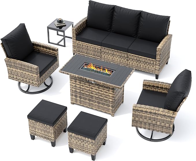 UDPATIO Patio Furniture Set with Fire Pit Table, 7 Pieces Outdoor Conversation Sets with Swivel Chairs and Ottomans, All-Weather Rattan Wicker Patio Sofa Couch for Backyard, Deck, Porch, Black/Yellow