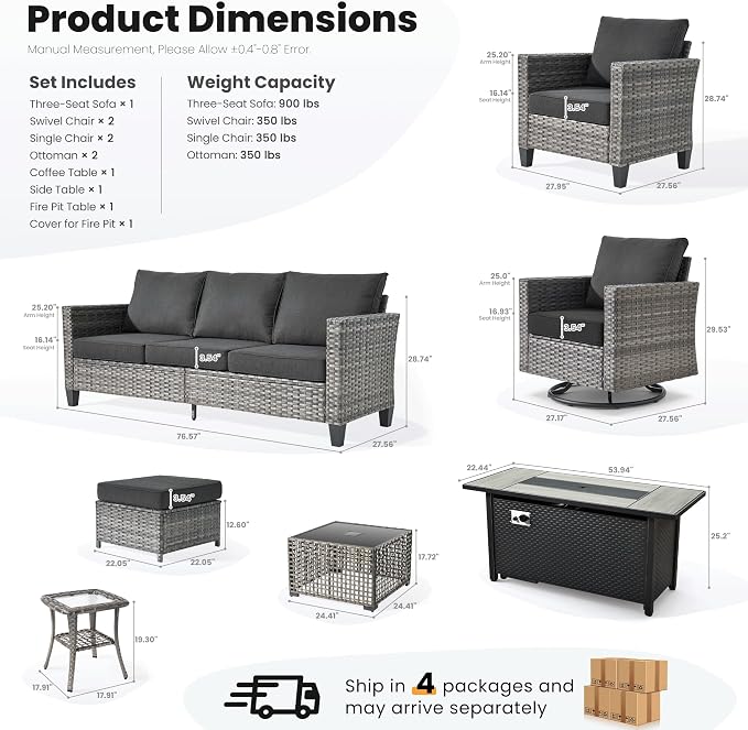 ovios 10 Pieces Patio Furniture Set with Swivel Chairs Rocking Gliders, 54" Fire Pit Table, Outdoor Sofa Couch with Solar Lights Table, Modern Deep Seat Wicker Rattan Conversation Set, Black