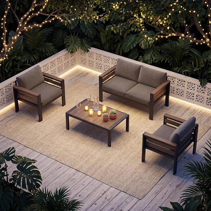 SUNYRISY Aluminum Outdoor Patio Furniture Set with Coffee Table, 4 Piece Metal Outdoor Modern Conversation Sets with Thick Cushions, Sectional Sofa Couch Set for Porch, Deck, Backyard