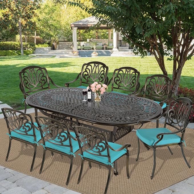 MEETWARM 9-Piece Outdoor Patio Dining Set, 8 Outdoor Dining Cushioned Chairs and 1 Oval Table with 2" Umbrella Hole, All Weather Cast Aluminum Patio Funiture Set for Backyard, Ocean Blue