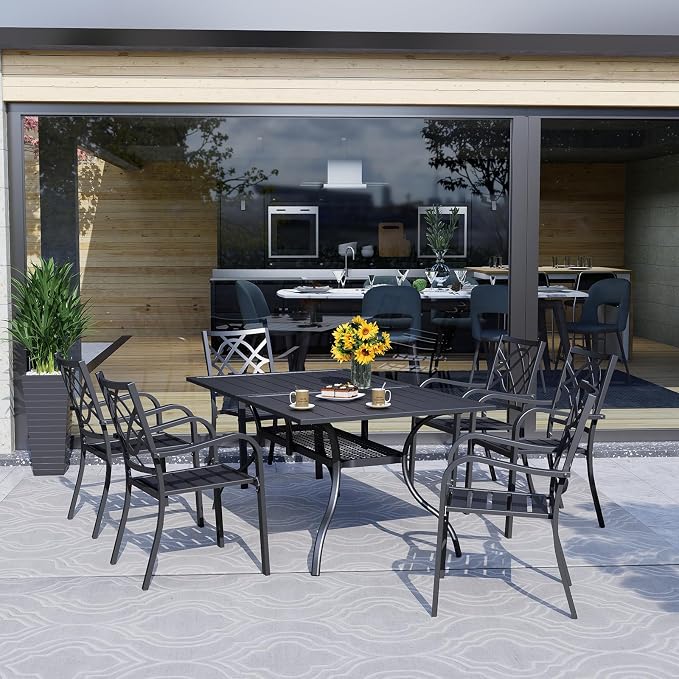 Crownland 7 Piece Outdoor Patio Metal Dining Sets, 6 Stackable Metal Chairs and Rectangular Outdoor Dining Table with with Khaki 9FT Round Outdoor Umbrella, for Backyard, Garden (Classic Black)