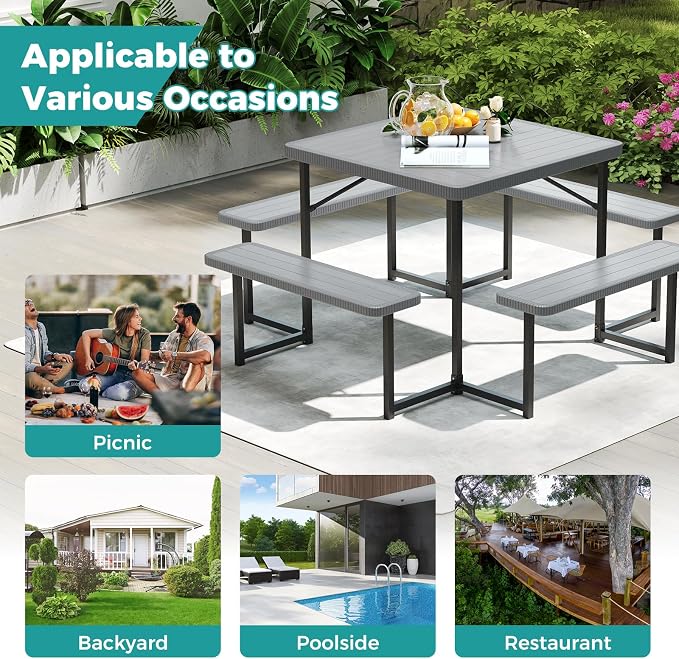 Giantex Picnic Table Bench Set for 4-8 People, 34" Outdoor Square Dining Table & 2 Benches w/Umbrella Hole, HDPE Tabletop, Metal Frame, Patio Camping Furniture for Backyard Porch Lawn (Grey,Square)