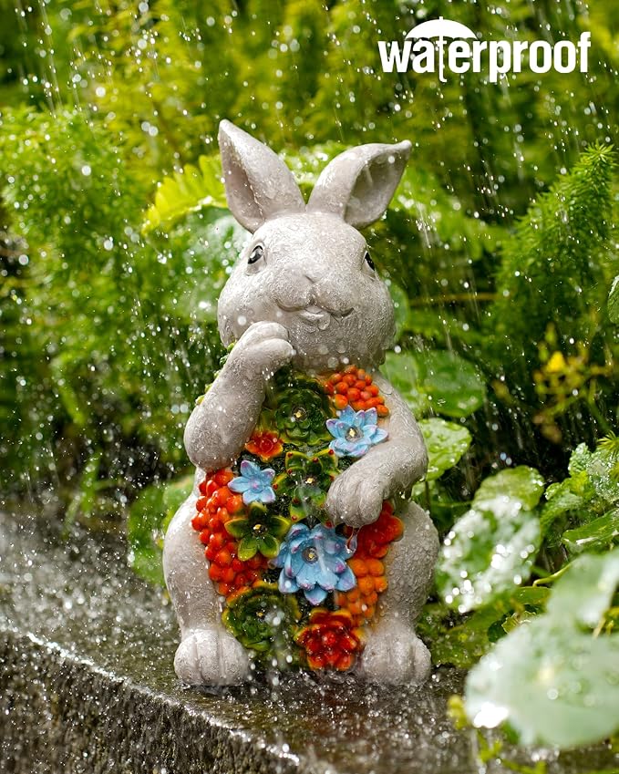 Nacome Solar Garden Outdoor Statues Bunny with Succulent | 7 LED Lights, Lawn Decor Statue for Patio, Balcony, Yard Ornament, Gifts for Mom Grandma Women
