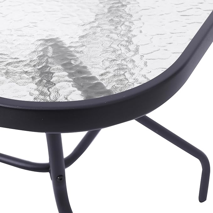 EMMA + OLIVER Tala Rectangle Patio Table with Umbrella Hole, All-Weather Table with Heat Resistant Tempered Glass, Steel Frame, 27.5x47.25, Black