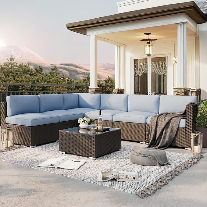 Betterland 7 Piece Outdoor Sectional Sofa Patio Furniture Set, All-Weather PE Rattan Wicker Patio Conversation Set with Washable Cushion, Glass Table and Waterproof Cover(Haze Blue)
