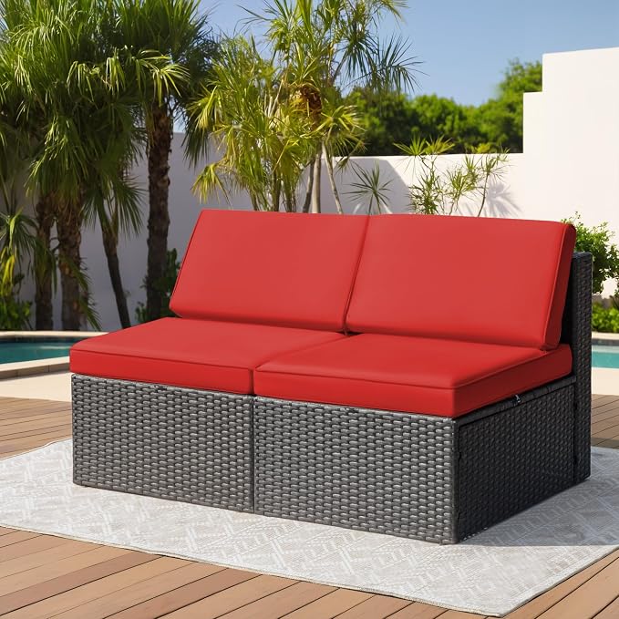 Greesum 2 Piece Patio Conversation Set Wicker Rattan Furniture Outdoor Sofa with Cushions,Pillows for Porch,Lawn and Yard, Red