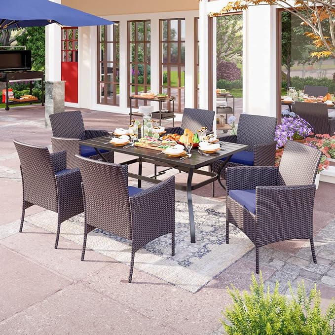PHI VILLA 7 Piece Patio Dining Set, 60” Rectangular Table, Rattan Chairs | Outdoor Dining Set for 6, Metal Dining Table with Umbrella Hole, Wicker Chairs with Cushions for Patio, Deck, Porch