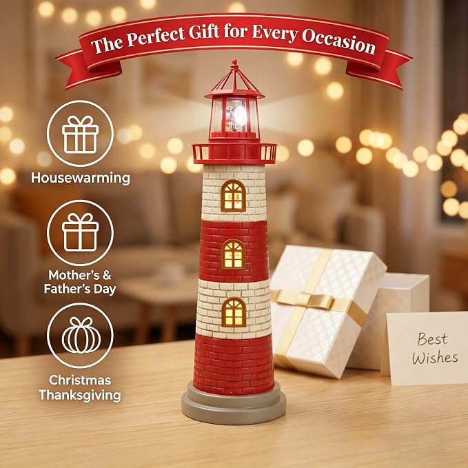Large Garden Statues 23" Coastal Garden Decor for Outside - Lighthouse Solar Lights Outdoor Waterproof Patio Lawn Yard Decorations, Unique Housewarming Gift Garden Gifts for Family Friends (Red)