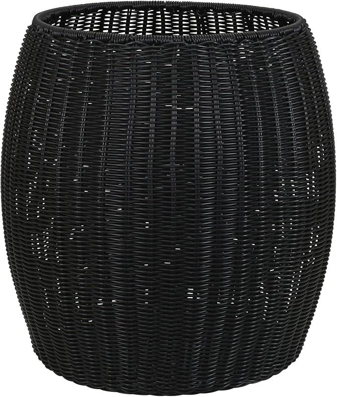 Household Essentials Round Handwoven Resin Barrel Side Table, Black Finish