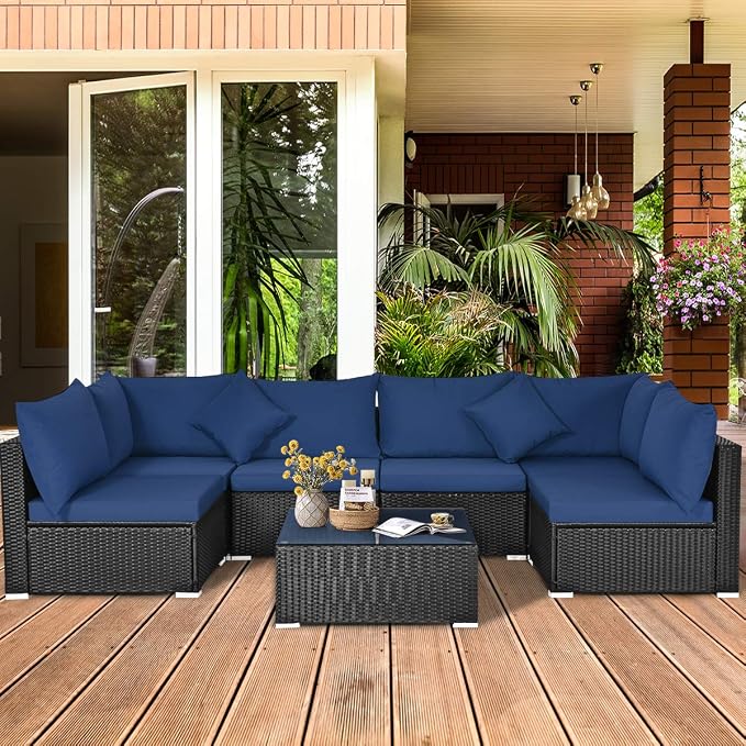 COSTWAY 7 Pieces Patio Furniture Set, Outdoor Rattan Conversation Set with 6 Seats, Coffee Tea Table, Soft Cushions, Wicker Patio Sectional Sofa for Garden Balcony Porch Poolside, Navy