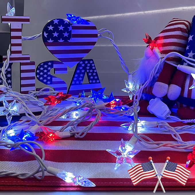 35 LED Patriotic Star String Lights, 13.6FT 4th of July Red White and Blue String Light with LED Mini Bulbs, Waterproof Connectable Independence Day Lights for Home Patio Garden Yard Memorial Day