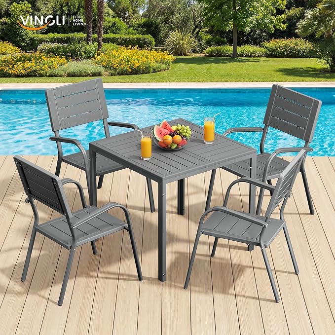 VINGLI Outdoor Patio Dining Set,5 Piece Square Table Patio Furniture Set,HDPE All-Weather Material Outdoor Dining Table and Chair for Garden, Backyard, Grey
