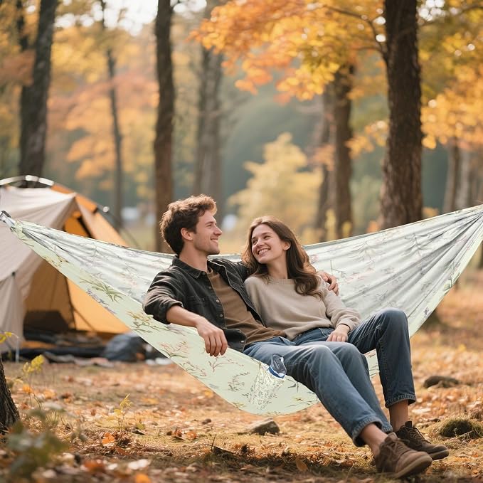 Watercolor Wildflower Pattern Camping Hammock, Portable Lightweight Single Hammock with Tree Straps and Aluminum Carabiners, 114" x 54" Travel Hammock for Hiking Backpacking Beach