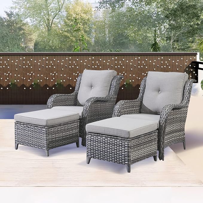 Rilyson Luxury 4 Pieces Patio Wicker Furniture Ottomans, Wicker Patio Chairs Set of 2 with Ottoman, Rattan Outdoor Porch Chair with Thick Cushion for Balcony Deck Yard and Porch (Grey/Grey)