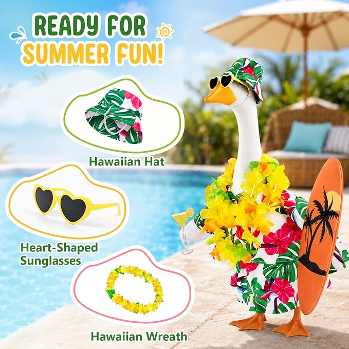 Porch Goose Hawaiian Outfit with Hat, Sunglasses & Lei, Summer Yard Decor | Fits 23 Inch Goose, Includes Tropical Shirt, Drink, Surfboard & Lei,Summer Goose Outfit for Pool Party, Lawn Garden Decor
