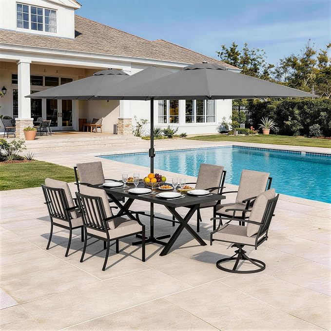 8 Pieces Patio Dining Set,Metal Outdoor Furniture Set Includes 13.6FT Grey Umbrella,Hole Cut-Out 78.7" x 35.4" Table and 6 Metal Backrest Chairs for Backyard,Garden,Brown