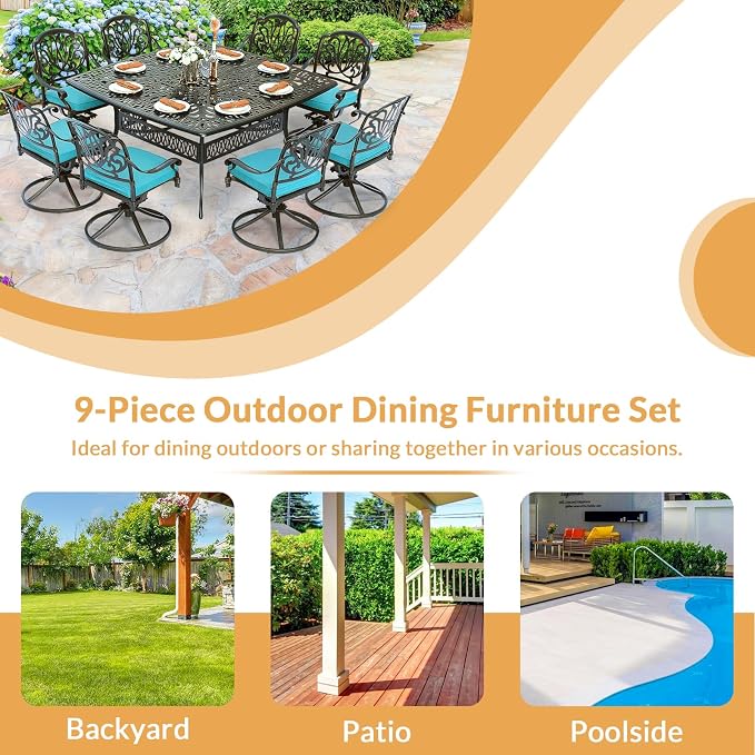 9 Piece Outdoor Patio Dining Set for 8, Cast Aluminium Large Square Dining Table & 8 Swivel Rocker Chairs with Removable Cushions, Umbrella Hole, Patio Furniture Set for Garden, Ocean Blue