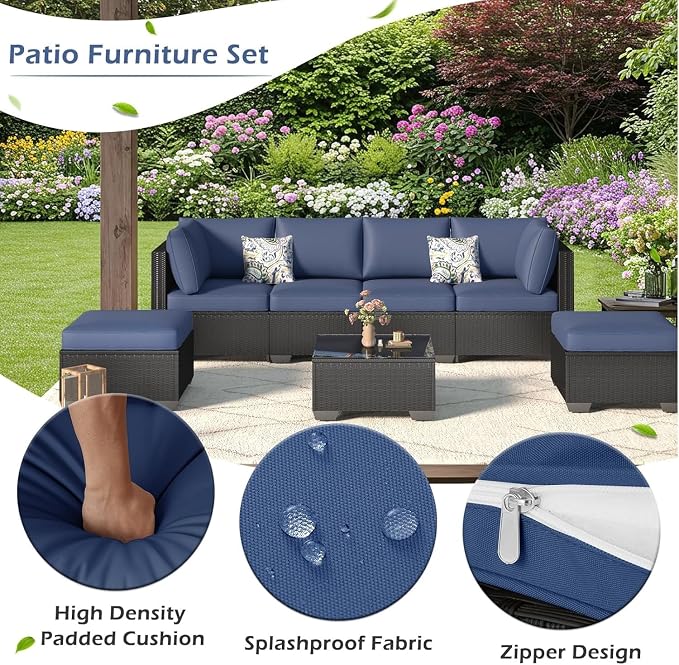 7 Piece Outdoor Patio Furniture Set with Cushions, PE Rattan Wicker Sectional Furniture Chair Set with Tea Table, Modular Patio Sofa for Garden, Backyard, Balcony Outdoor Lounge Area(Beige2)