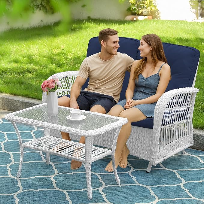 VIVIJASON 2-Piece Patio White Wicker Loveseat Glider Set Cushioned, Outdoor Conversation Furniture Sets W/ 2-Seater Glider Rocking Bench, Coffee Table and Cushions for Porch Garden Poolside, Navy Blue