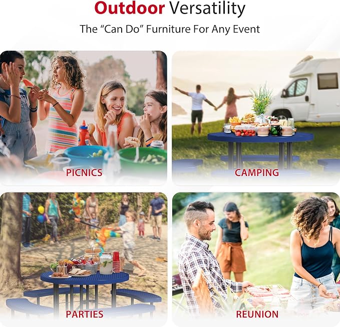 Leisure Craft Metal Picnic Table with Bench - 46"" Round Outdoor Dining Table for 8 with Umbrella Hole, Weatherproof Heavy Duty Thermoplastic Coating, Commercial Grade Furniture Made in USA - Navy