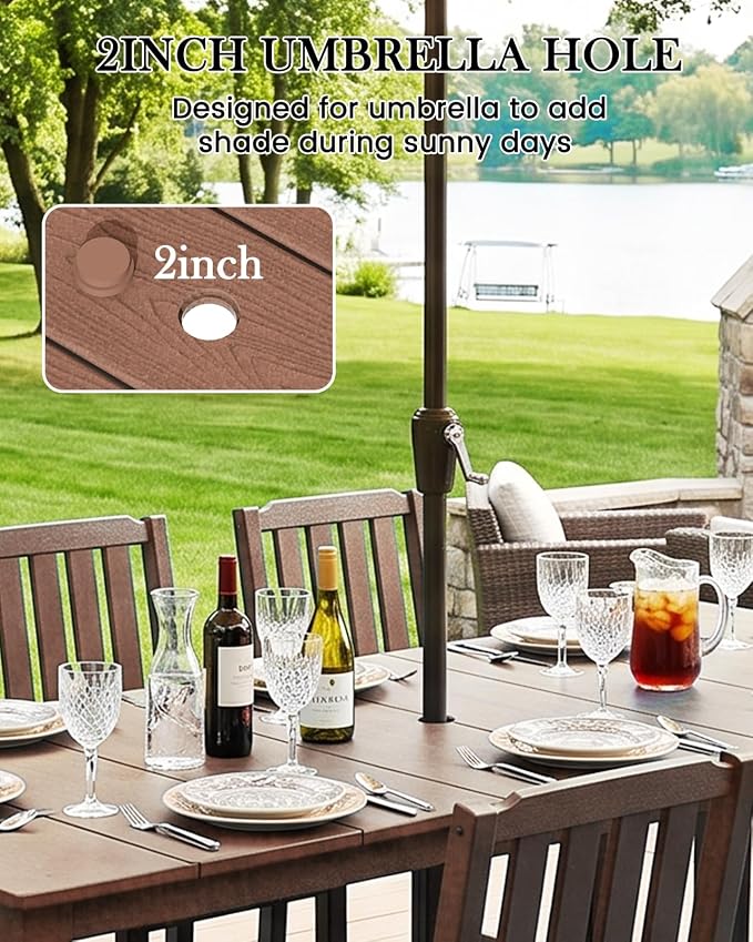 LOUNZY 7 Piece Patio Dining Set for 6, Outdoor Table and Chairs,Brown | 75.2” table,6 seat patio dining set, HDPE wood-look, fade resistant and waterproof, low maintenance outdoor furniture