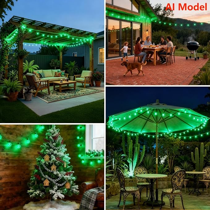 50 FT Green Outdoor String Lights,26 Plastic Edison Bulbs, E12 Base | G40 globe shatterproof bulbs, IP65 waterproof, dimmable LED, for backyard porch balcony party decor