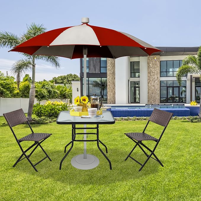 Outdoor Patio Table with Umbrella Hole, 32 Inch Patio Dining Table All Weather Square Patio Table, Glass Patio Tables for Outside, Balcony, Backyard, Poolside(Square)