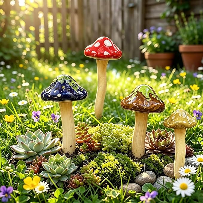 5 Pcs Ceramic Mushrooms for Garden Decor, Outdoor Fairy Garden, Yard | 4.7" Tall Pottery Mushroom Statues, Colorful Outside Ornaments for Lawn, Patio, Indoor Plant Flower Pots