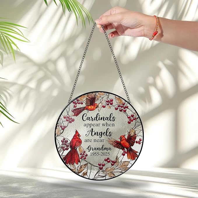 Personalized Cardinal Memorial Photo Suncatcher – “Forever in Our Hearts” Christmas Ornament – in Loving Memory Gift for Mom or Grandma from Family – Stained Glass Window Hanging Keepsake