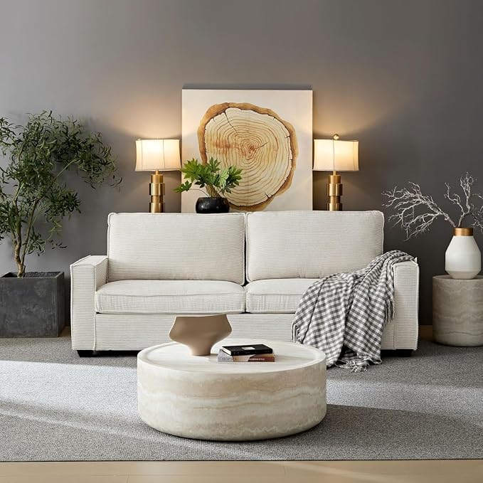 31.49'' Round Coffee Table for Living Room Drum Coffee Table Modern Faux Travertine Stone Coffee Table for Apartment, No Need Assembly (Fiberglass Marble Pattern)