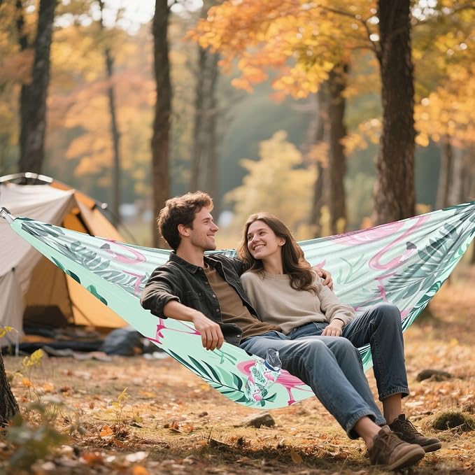 Qilmy Pink Flamingo Pattern Camping Hammock Single – 330 lbs Capacity, Lightweight with Tree Straps & Carabiners, Portable for Hiking, Travel, Backpacking