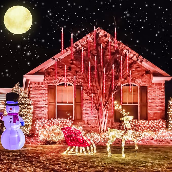 JMEXSUSS Red Solar Christmas Lights Outdoor, 8 Tube 144 LEDs | Solar Meteor Shower Rain Lights, Red Twinkle Light for Tree Eaves Fence Christmas Decorations