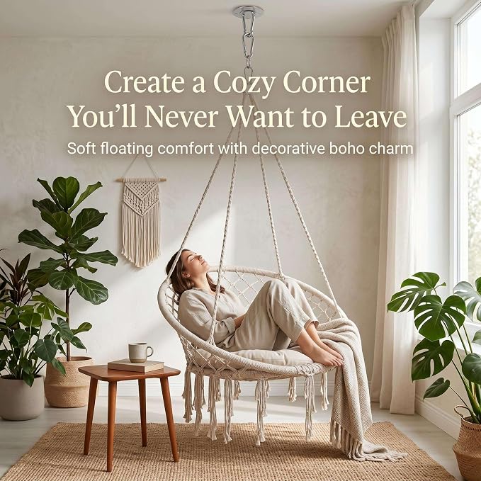 Boho Hanging Swing, Porch Swing Chair, 330 LBS Hanging Hammock Chair, Outdoor Swing Chair for Bedroom Balcony Living Room Patio Garden Indoor Outdoor Lounge