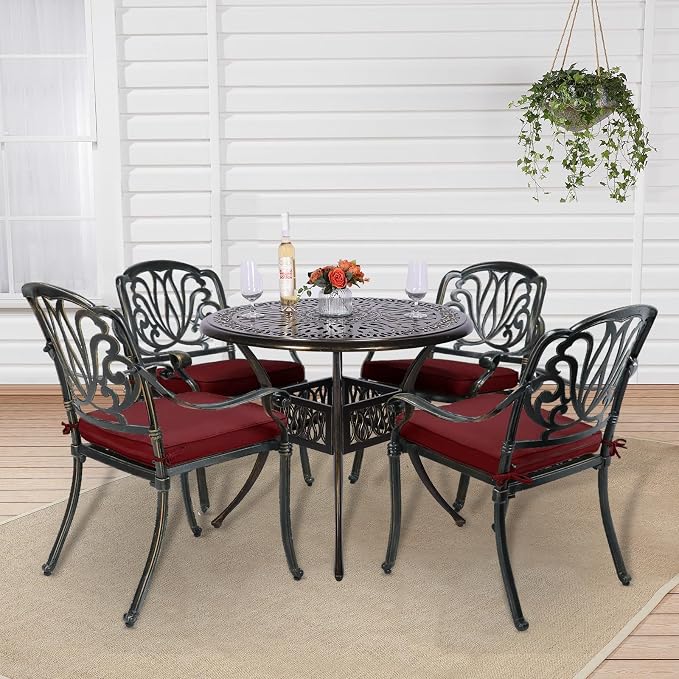 5-Piece Outdoor Patio Dining Set, All-Weather Cast Aluminum Patio Table Set, Include 4 Cushioned Chairs and a 35.4 inch Round Table w/Umbrella Hole for Balcony Garden Backyard, Red