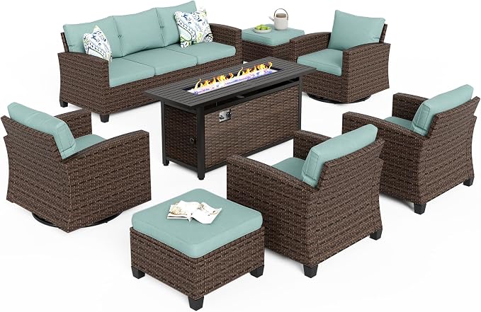 MIXPATIO Swivel Glider Patio Furniture Set, 8 Pcs Wicker Rattan Outdoor Conversation Set, 2 x Swivel Chairs, 2 x Leg Chairs, 1 x 3 Seater Sofa and 2 x Ottomans and 56" Fire Pit Table, Blue