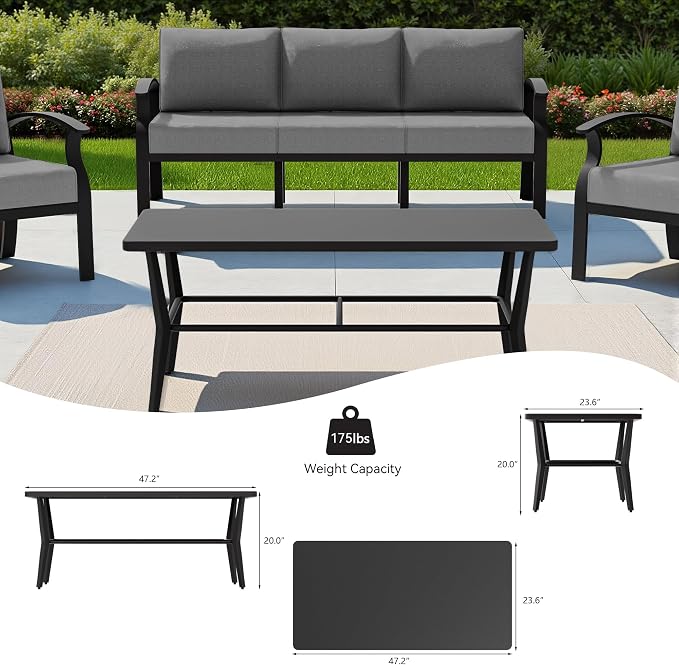 Aluminum Outdoor Patio Furniture Set,7 Seats Patio Conversation Sets with Rectangular Coffee Table,Metal Patio Sectional Furniture Set with 2 Swivel Rocking Chairs,Grey
