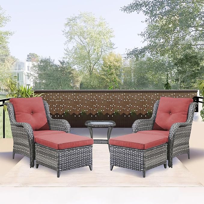 Rilyson Outdoor Patio Furniture Chairs Set - 5 Piece Wicker Rattan Patio Sectional Conversation Sets with 2 Armrest Chairs,2 Ottomans and Side Table for Porch Deck Balcony Garden(Mixed Grey/Red)