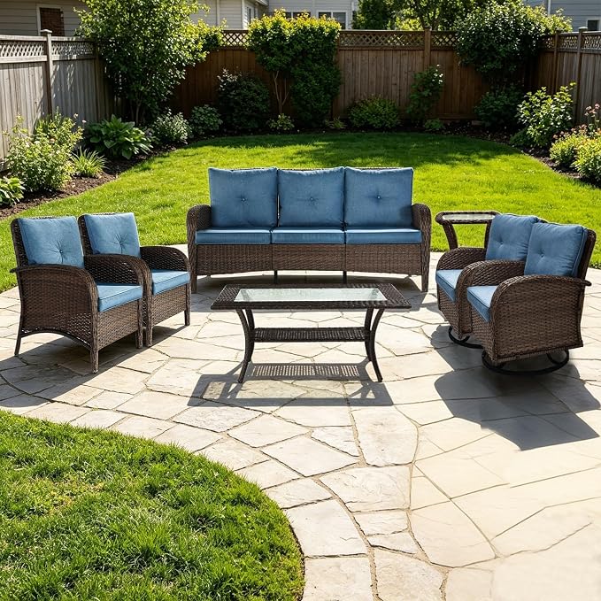 Outdoor Swivel Rocker Patio Chairs (Brown Wicker/Blue Cushion, 7PC/Sofa & Swivel & Chair &2 Table)
