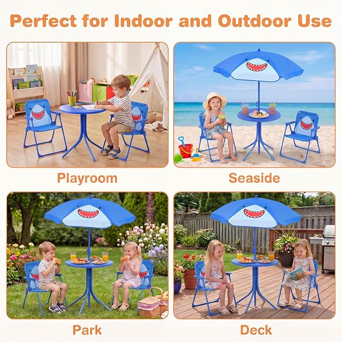 KOTEK Kids Picnic Table with Umbrella, Outdoor Table & 2 Folding Chairs, Cute Pattern Children’s Patio Furniture, Portable Kids Table and Chair Set for Backyard, Garden, Beach (Blue Shark)
