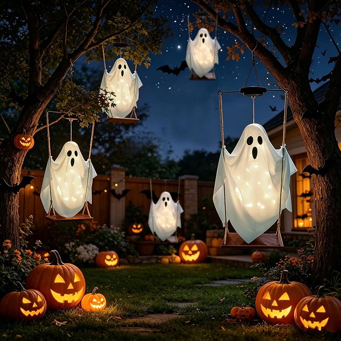 Halloween Decorations Outdoor Solar Hanging Swing Ghost Halloween Decor with String Lights, 2 Pack Scary Party Gifts Decor, Spooky Ghost on Swing Decorations for Yard Garden Porch Haunted House Tree