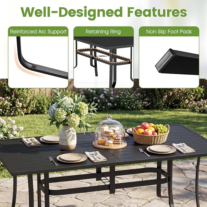 Tangkula 7 Pieces Patio Dining Set for 6, 63” x 33” Outdoor Rectangle Metal Table with Umbrella Hole & 6 Stackable Breathable Mesh Armchairs, Outside Furniture Set for Backyard, Garden & Porch (Black)