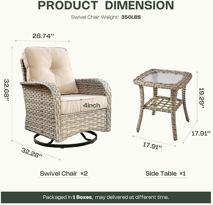 Outdoor Swivel Rocking Chair Set of 2 with Coffee Table, Wicker Patio Glider Chairs with 4 Inch Thick Cushions, 350lbs Capacity High Back Rattan Furniture Set for Sunroom and Small Spaces, Beige