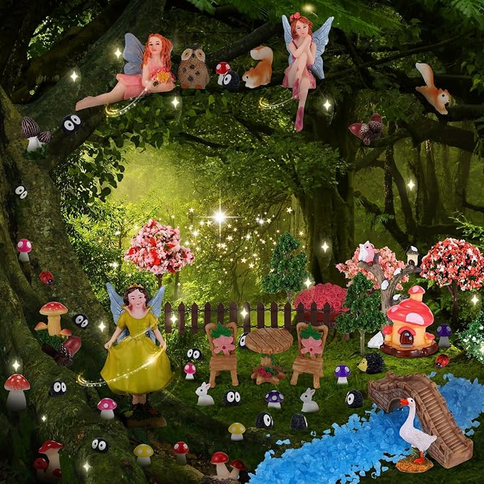 109 Pcs Fairy Garden Accessories Miniature Fairy Figurines Kit | Mini Resin Animals Garden House Supplies Outdoor Decor for DIY Dollhouse