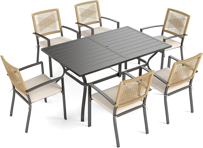 PHI VILLA Outdoor Dining Set for 4, 60" Rectangular Table, Wicker Chairs | Outdoor Dining Set for 6, Rectangular Patio Dining Table Set with Patio Wicker Chairs for Garden, Porch, Deck