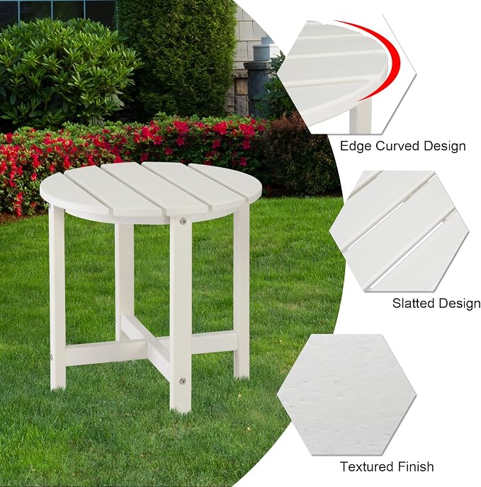 Beach Outdoor Side Table with 2 Layer Storage, Plastic Waterproof and UV Resistant HDPE Adirondack Coffee End Tables, All Weather for Patio, Backyard, Pool, Indoor Use (Round, White)