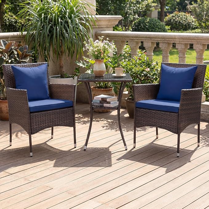 DORTALA Wicker Patio Furniture Set 3 Piece, Small Outdoor Table & Chairs with Tempered Glass Tabletop, Cushions, Rattan Conversation Bistro Set for Balcony, Porch, Backyard, Deck, Mix Brown+Navy