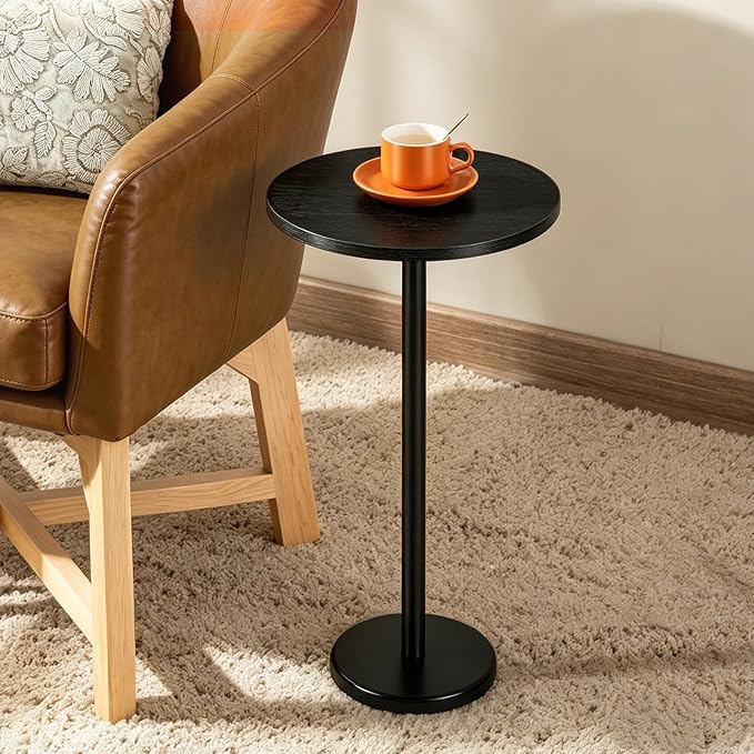 Small Round Side Table Black Drink Table with Marble Base, Modern Weighted Martini Pedestal Table for Small Spaces, Living Room, Bedroom, Sofa Couch, Office