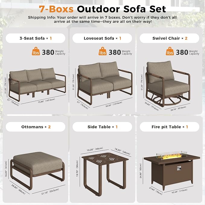 Outdoor Aluminum Patio Furniture Set with 43" Fire Pit Table,7-Seat Outdoor Conversation Set with Swivel Chairs & Loveseat & Ottomans, All-Weather Patio Set for Backyard,Brown
