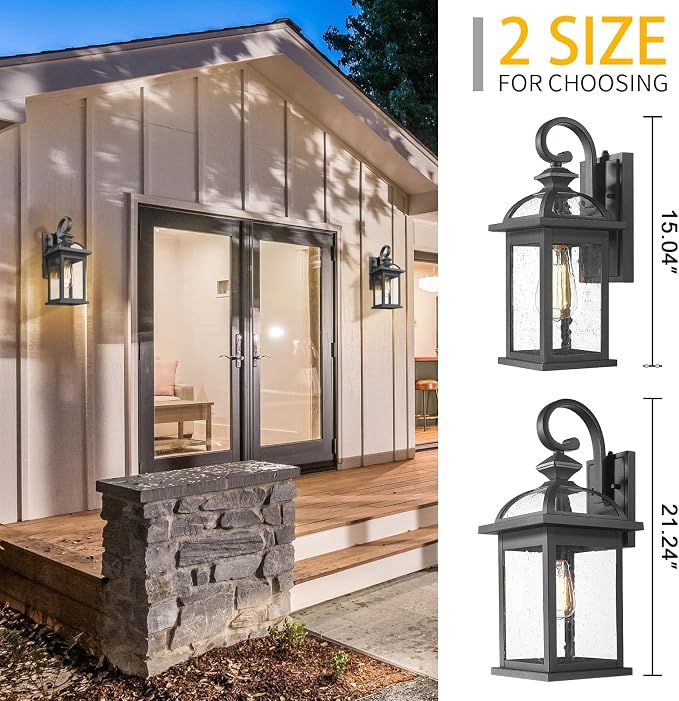 Darkaway Dusk to Dawn Outdoor Lights Fixture Wall Mount, Exterior Wall Light with Seeded Glass Waterproof Black Outside Wall Sconce for House Porch Hallway Garage