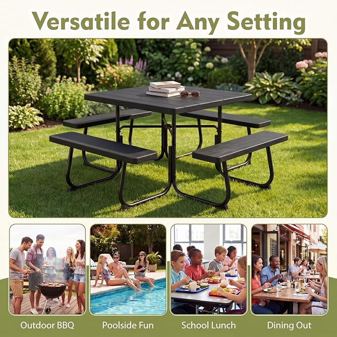 GYMAX Picnic Table Bench with Umbrella Hole, 8 Person Square Outdoor Picnic Table with Metal Frame & HDPE Tabletop, Camping Table for BBQ Yard Patio, 2300LBS Capacity (Black)